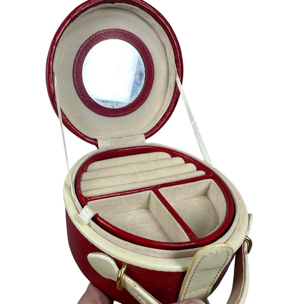 Round Jewelry Box Red Faux Crocodile Embossed Travel Case Vintage